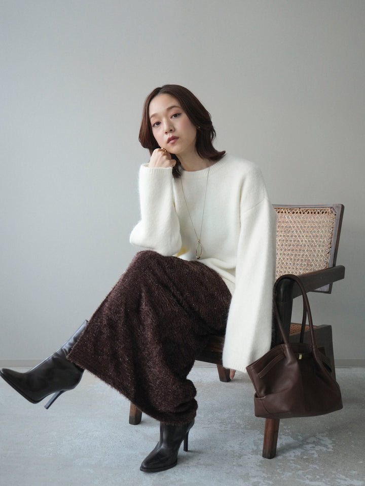 [SET]アンゴラタッチクルーネックニットプルオーバー+ラメシャギーフロントジップスカート(2set)