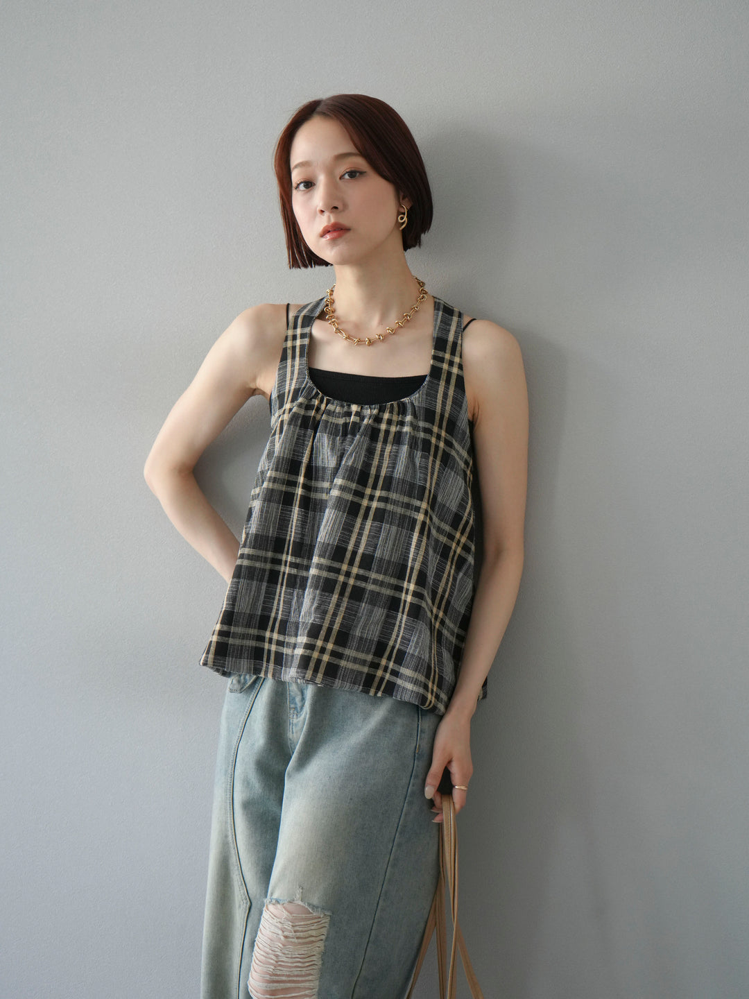 [予約]チェッククロスキャミプルオーバー/ブラック