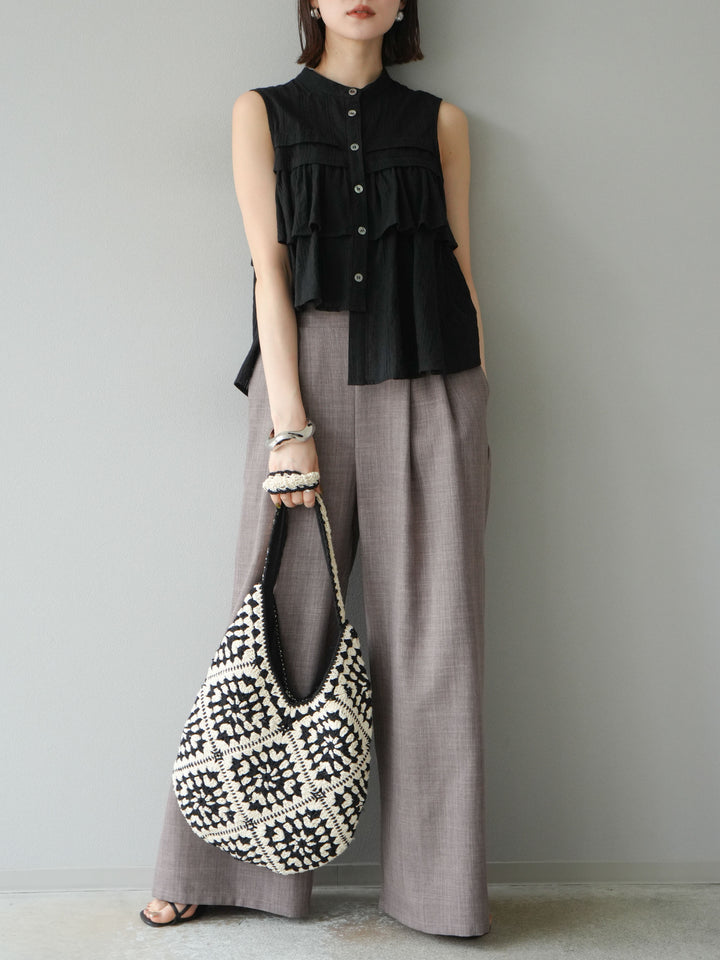 [予約]ドビーストライプアシンメトリーフリルノースリブラウス/ブラック