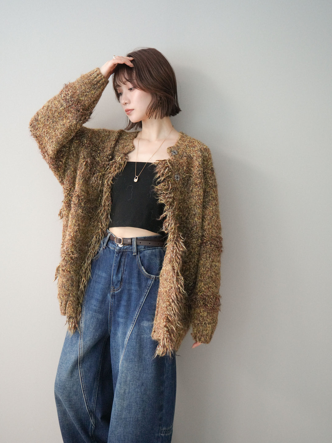 [SET]ミックスヤーンフリンジデザインニットジャケット+裏起毛加工デニムカーブパンツ(2set)