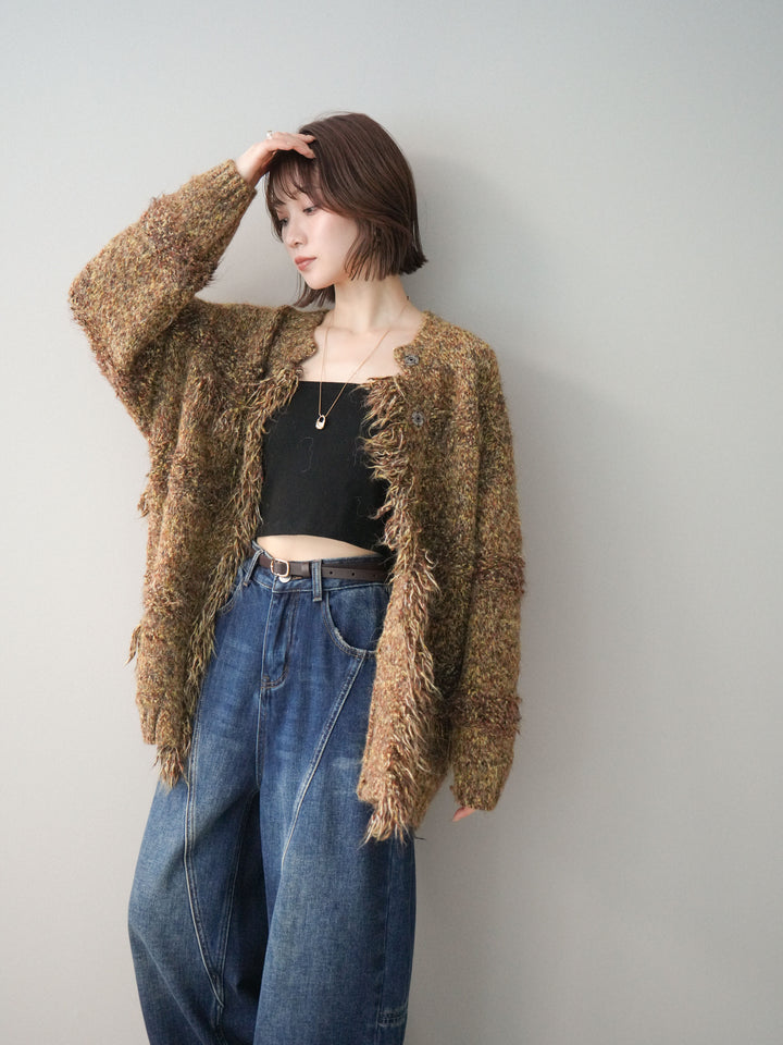 [SET]ミックスヤーンフリンジデザインニットジャケット+裏起毛加工デニムカーブパンツ(2set)