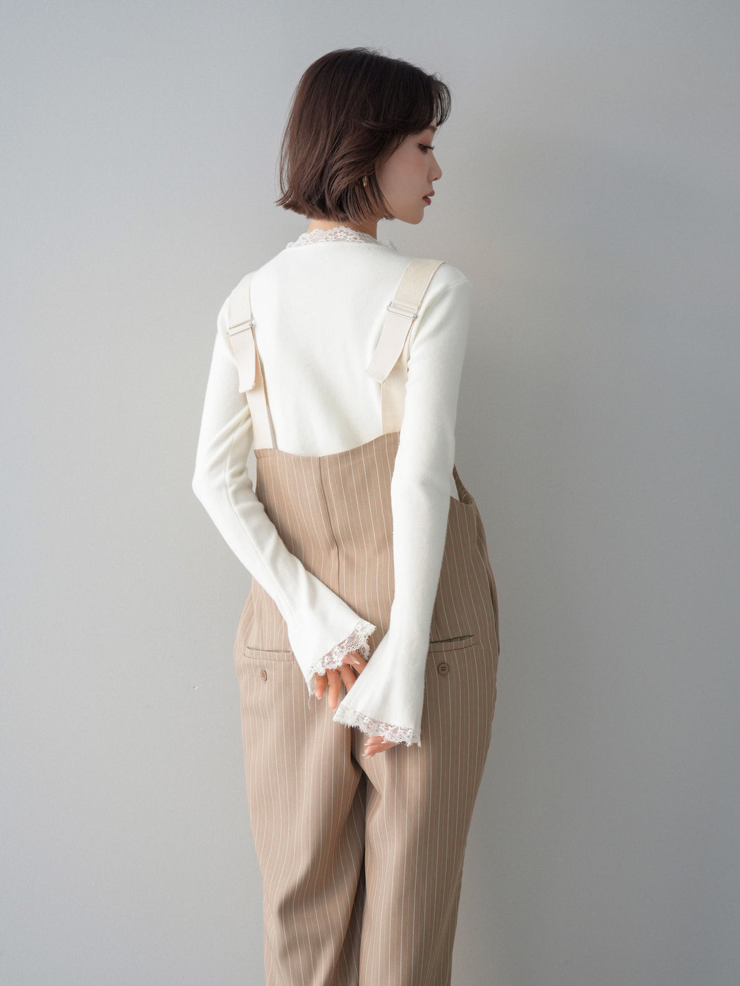 [SET]レースドッキングVネックニットトップス+グログランテープストライプサロペット(2set)