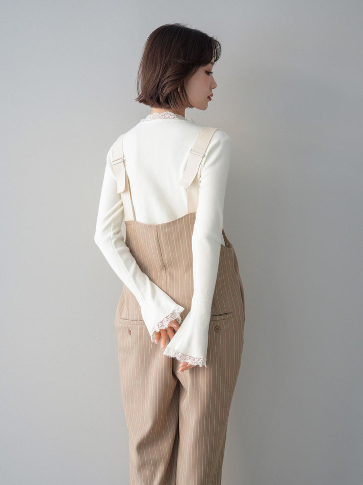 [SET]レースドッキングVネックニットトップス+グログランテープストライプサロペット(2set)