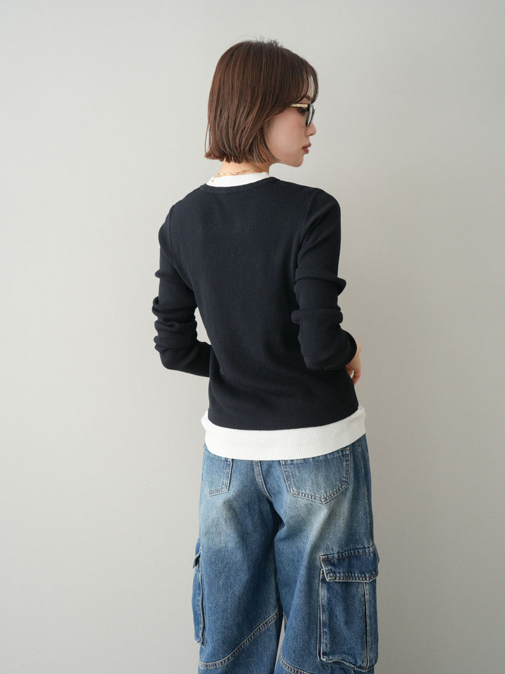 [予約]フロントジップ配色レイヤードニットトップス/navy