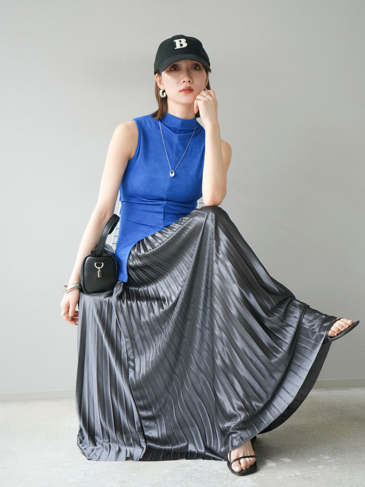 [予約]フロントスリットレーヨンニットトップス/ブルー