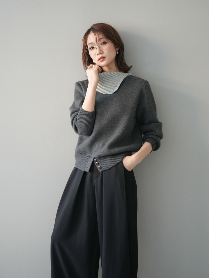 [予約]デザインネックバイカラーニットプルオーバー/charcoal