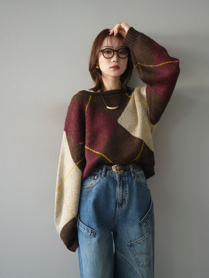 [予約]配色ステッチアーガイル柄ニットプルオーバー/brown