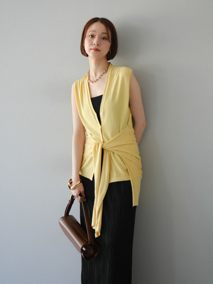 [SET]腰巻きデザインノースリーブニットカーディガン+ウェーブパイピングタイトスカート(2set)