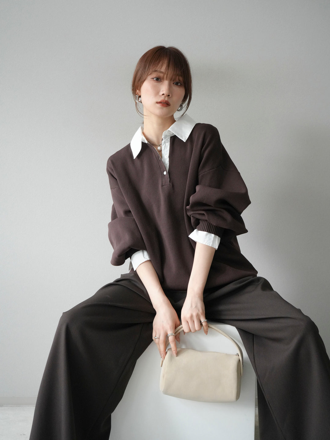 【SET】翻領polo針織套衫+雙褶闊腿褲（2件組）