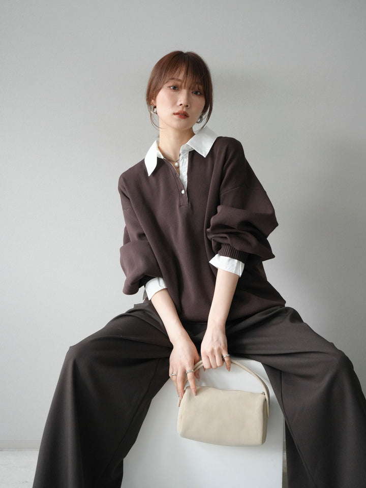 【SET】翻領polo針織套衫+雙褶闊腿褲（2件組）