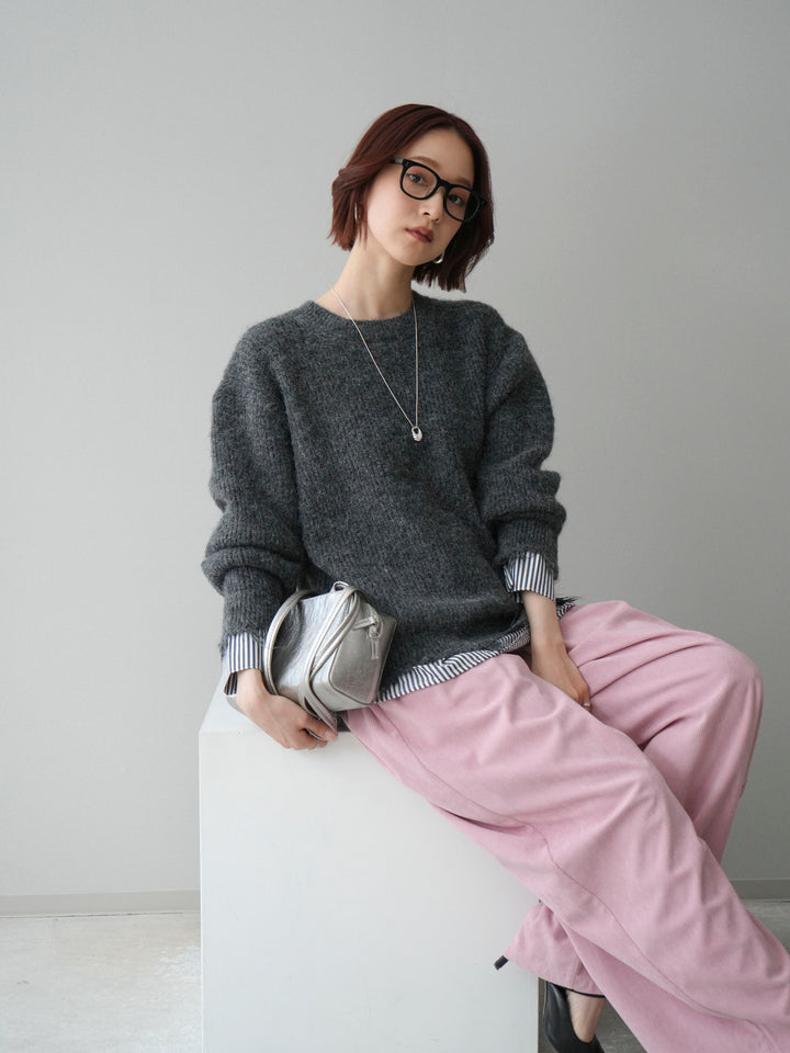 [SET]裾シャツレイヤードダメージニットプルオーバー+コーデュロイサイドタックコクーンパンツ(2set)