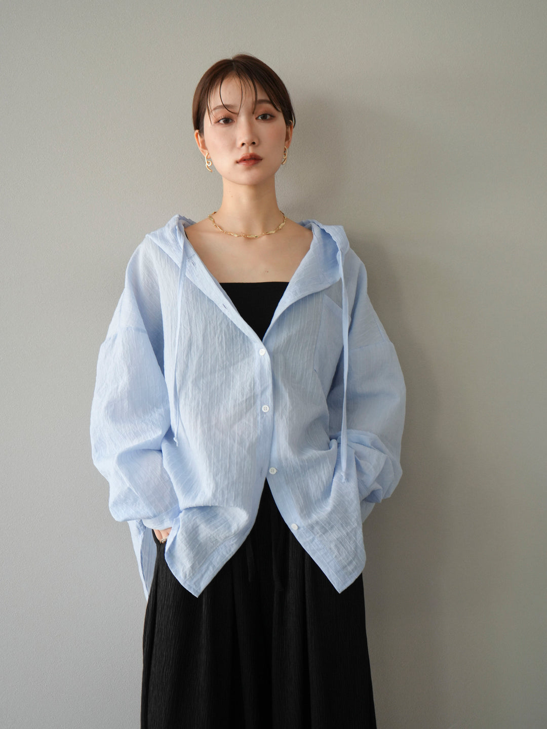 [予約]ワッシャーストライプフーディーシャツ/ブルー