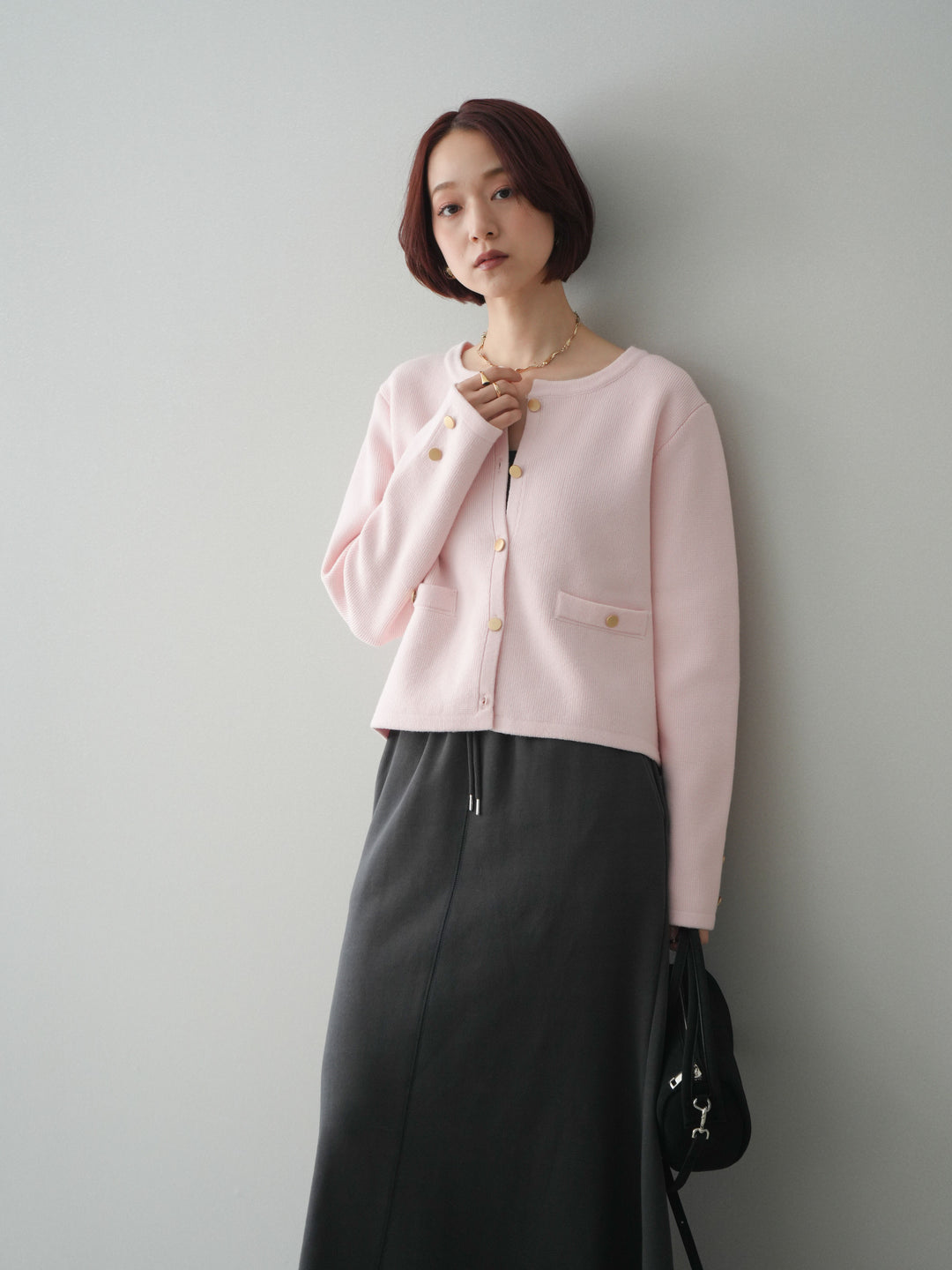 [予約]ゴールドボタンノーカラーニットジャケット/pink