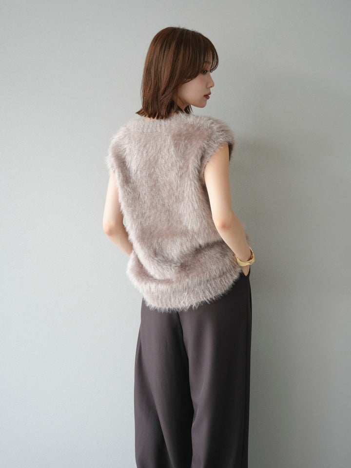 [SET]ラメシャギーVネックニットベスト+ベルトループデザインワイドパンツ(2set)