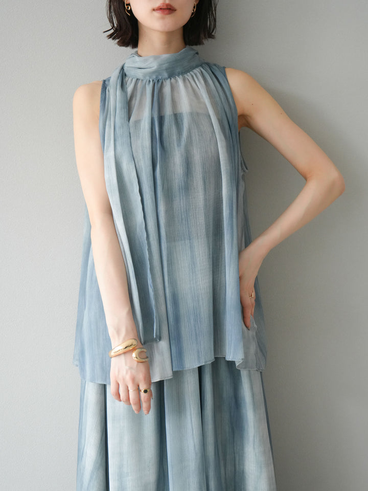 [SET]ニュアンスシアーホルターネックブラウス+ニュアンスシアーフレアスカート(2set)
