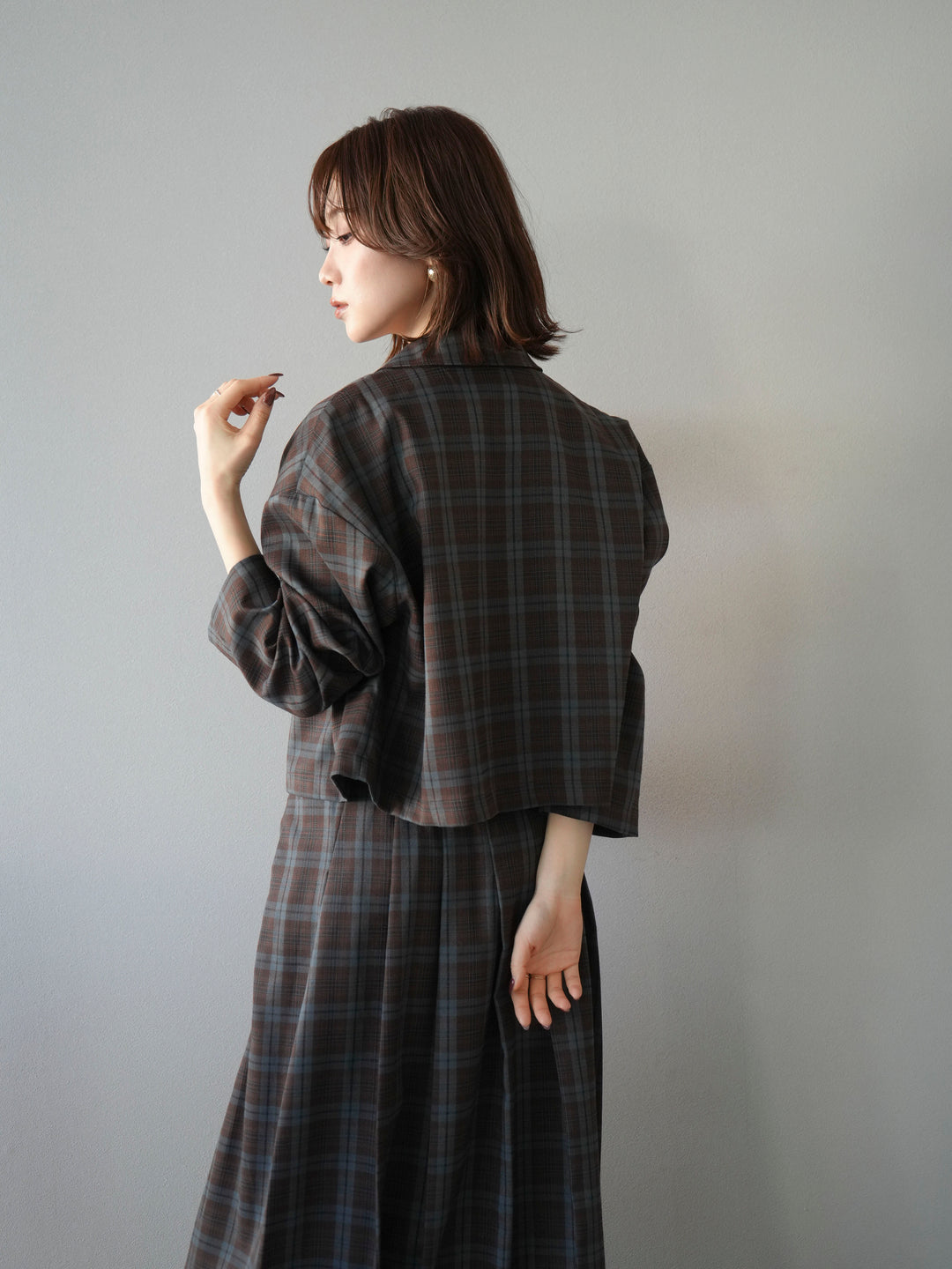 [SET]チェック柄ショートジャケット+チェック柄ベスト+チェック柄タックフレアスカート(3set)