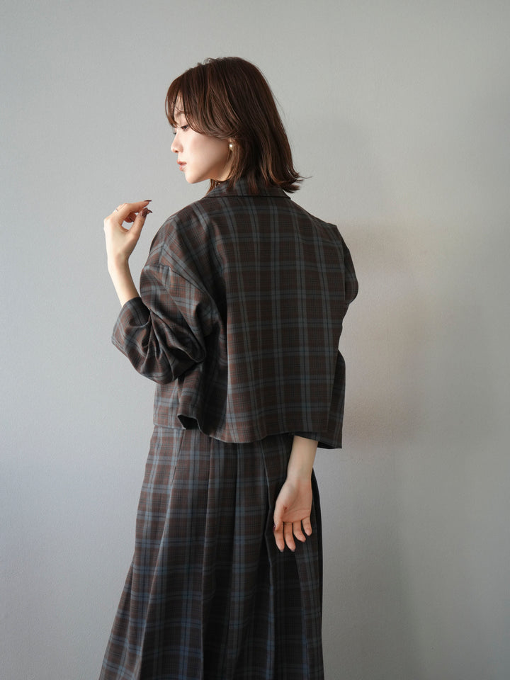 [SET]チェック柄ショートジャケット+チェック柄ベスト+チェック柄タックフレアスカート(3set)