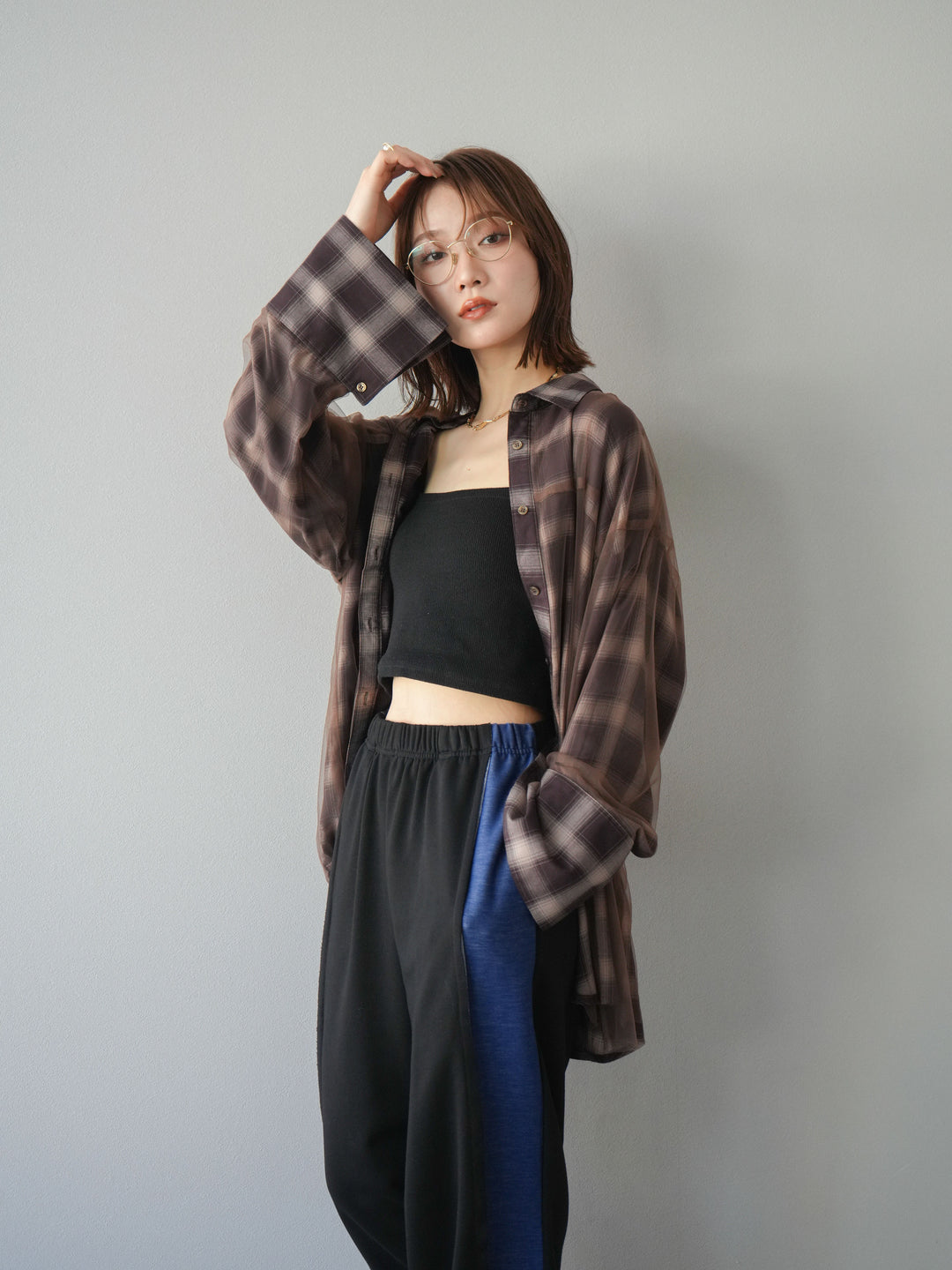 [套裝] 薄紗對接格紋寬鬆襯衫 + 牛仔布 Switch 2-Way 設計運動褲 (2 套)