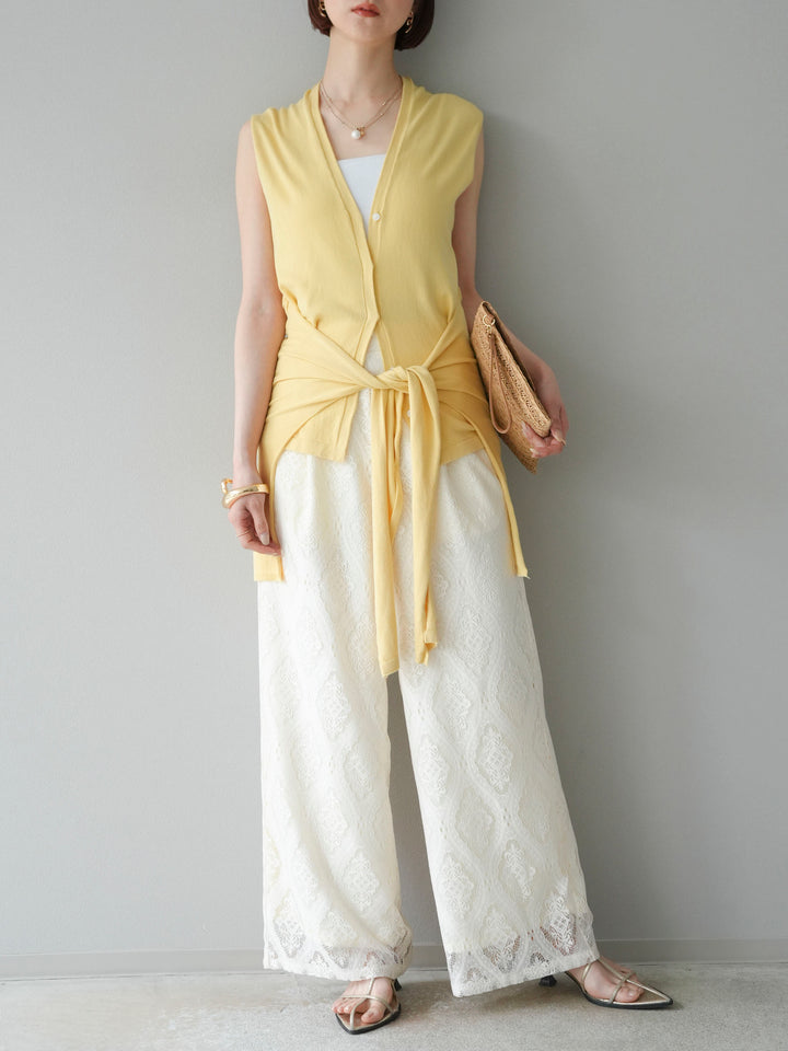 【預購】無袖圍腰針織開襟衫/黃色