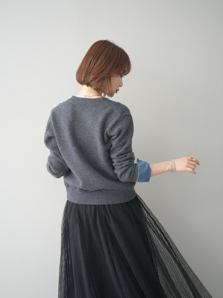 [SET]クルーネックデニムドッキングニットカーディガン+選べるアクセセット(2set)