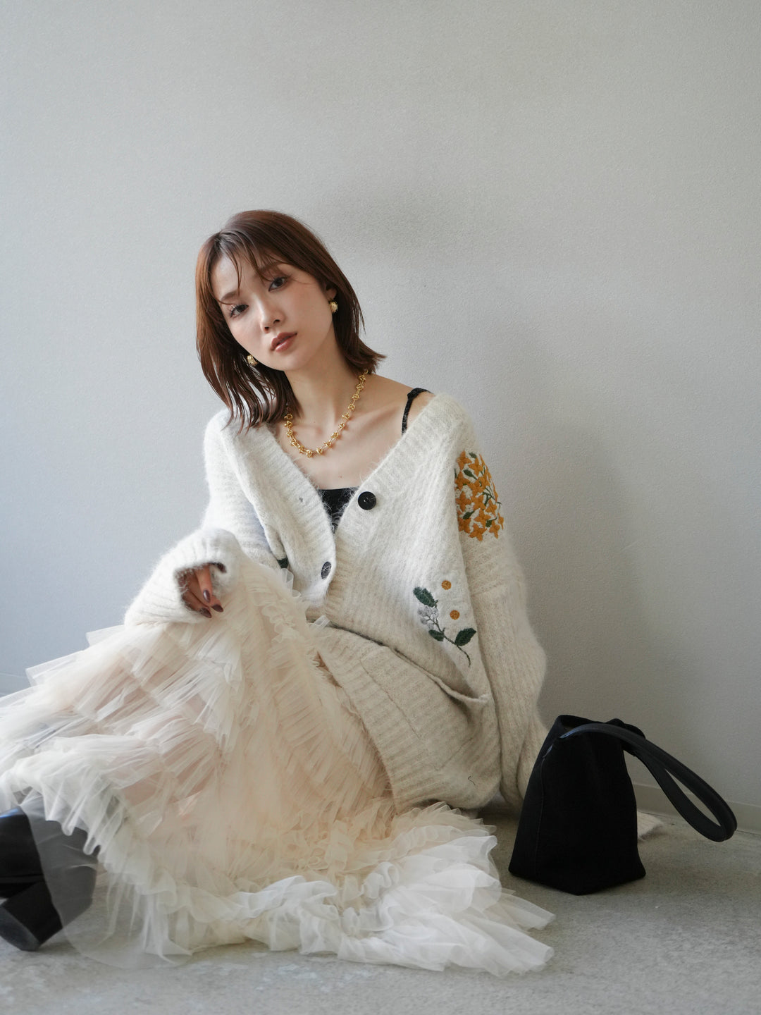 [SET] 花朵刺繡V領寬鬆針織開襟衫 + 薄紗層疊裙 (2套)