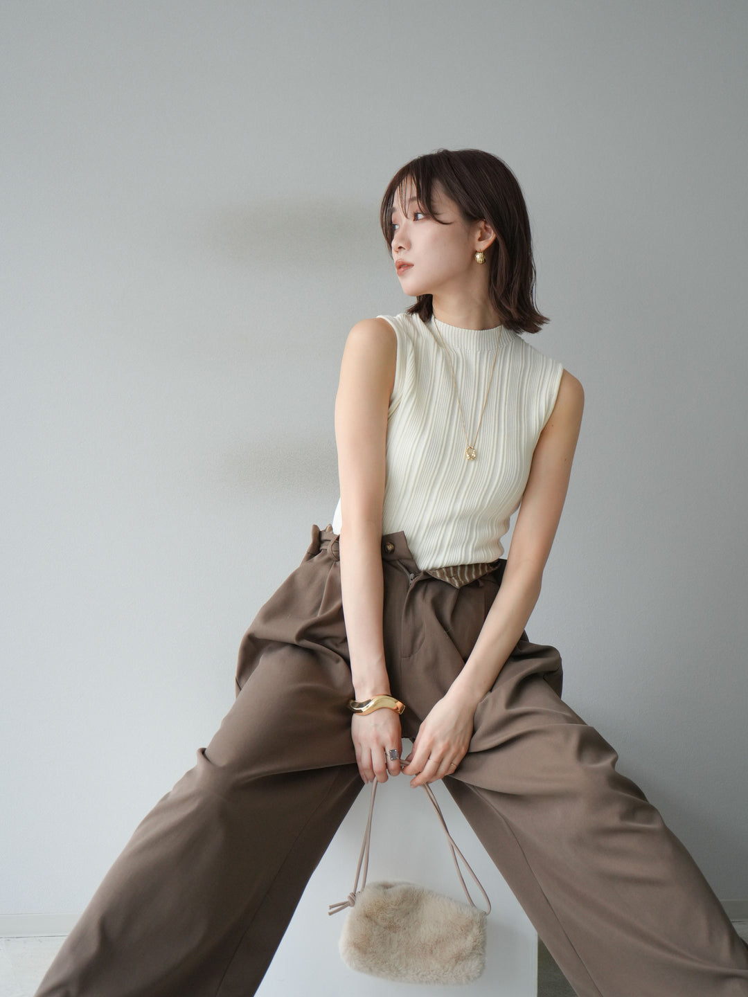 [予約]スリーブレスランダムリブニットトップス/アイボリー