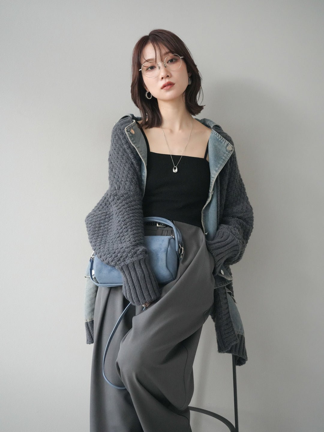 [SET]デニム襟レイヤードニットジャケット+ベルトループデザインワイドパンツ(2set)