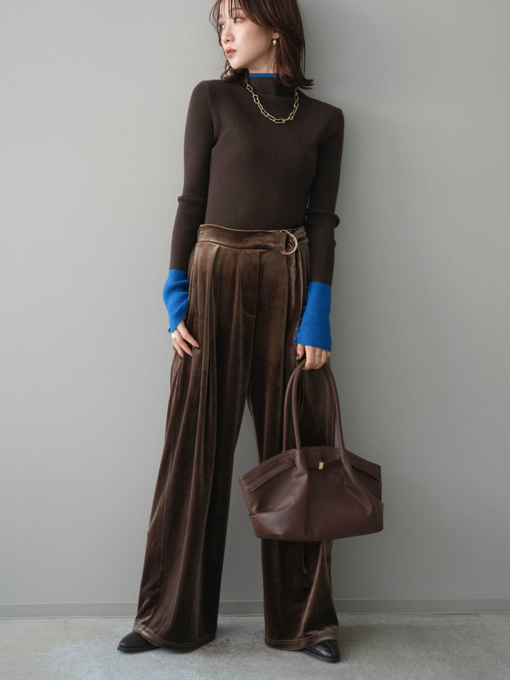 [SET]袖ボタンハイネック配色リブニットトップス+ベロアベルトスリムパンツ(2set)