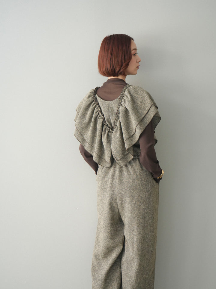 [SET]3WAYミックスツイードギャザーオールインワン+シアープチネックストレッチトップス(2set)