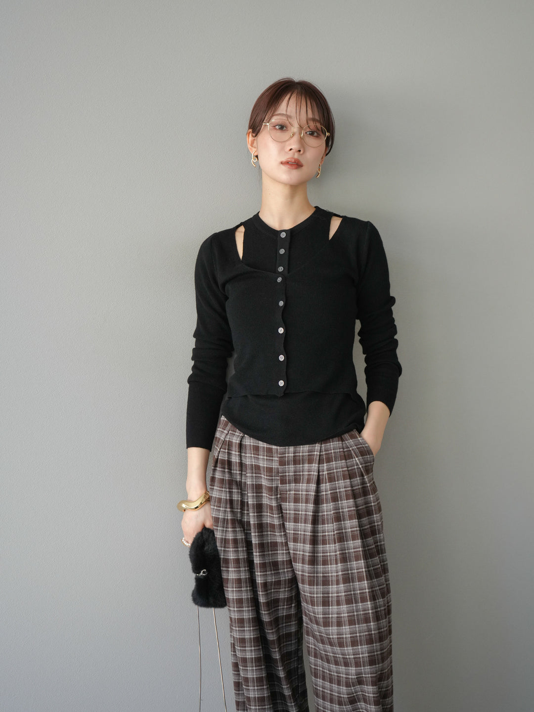 [予約]レイヤードデザインニットカーディガン/ブラック