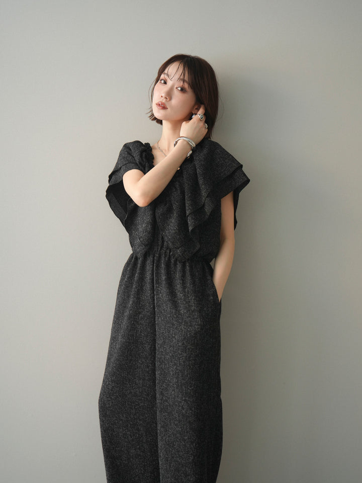 [SET]3WAYミックスツイードギャザーオールインワン+選べるアクセセット(2set)