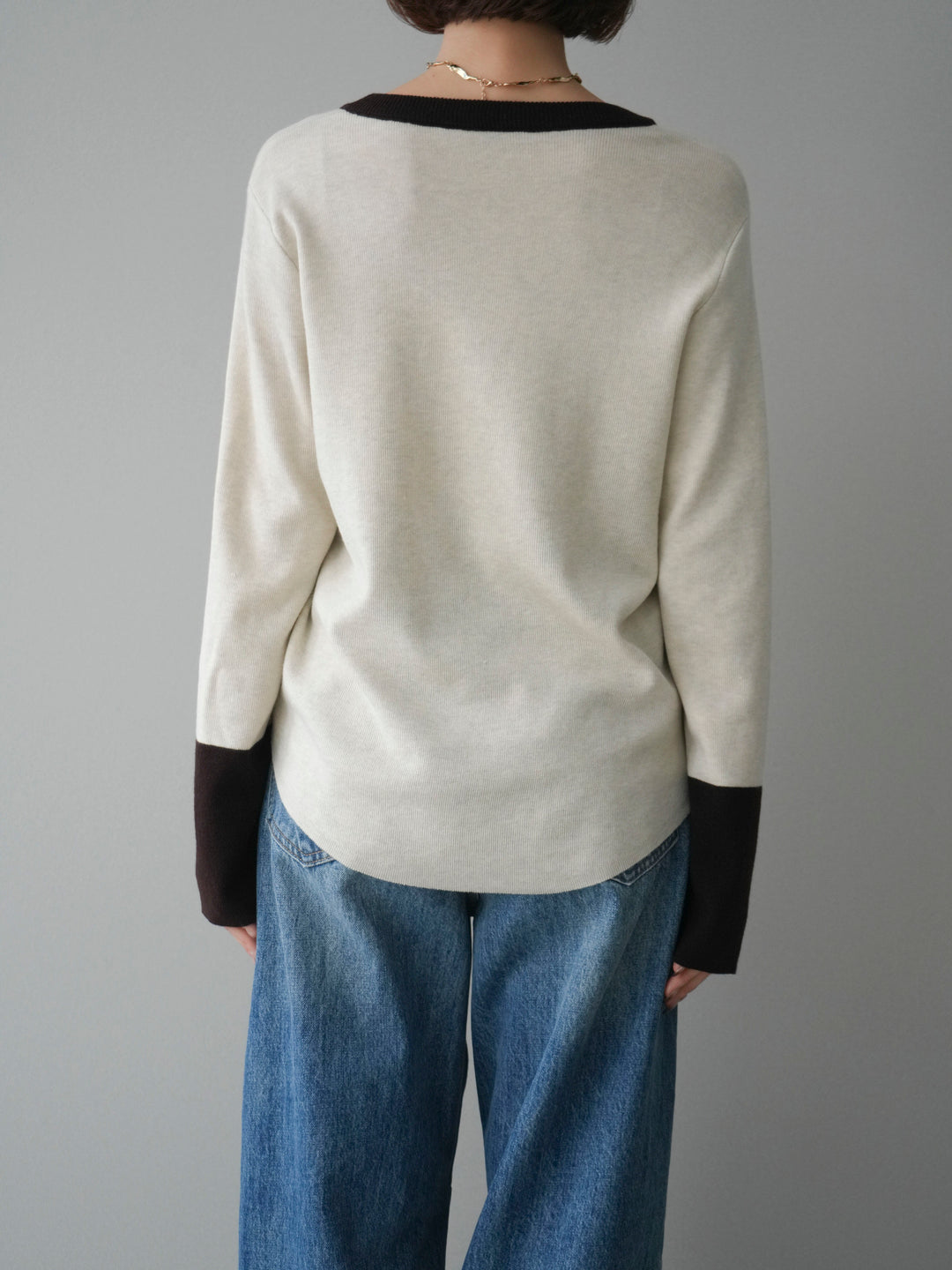 [予約]ヘンリーネック配色ニットソー/beige