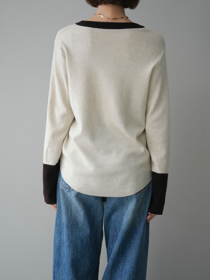 [予約]ヘンリーネック配色ニットソー/beige