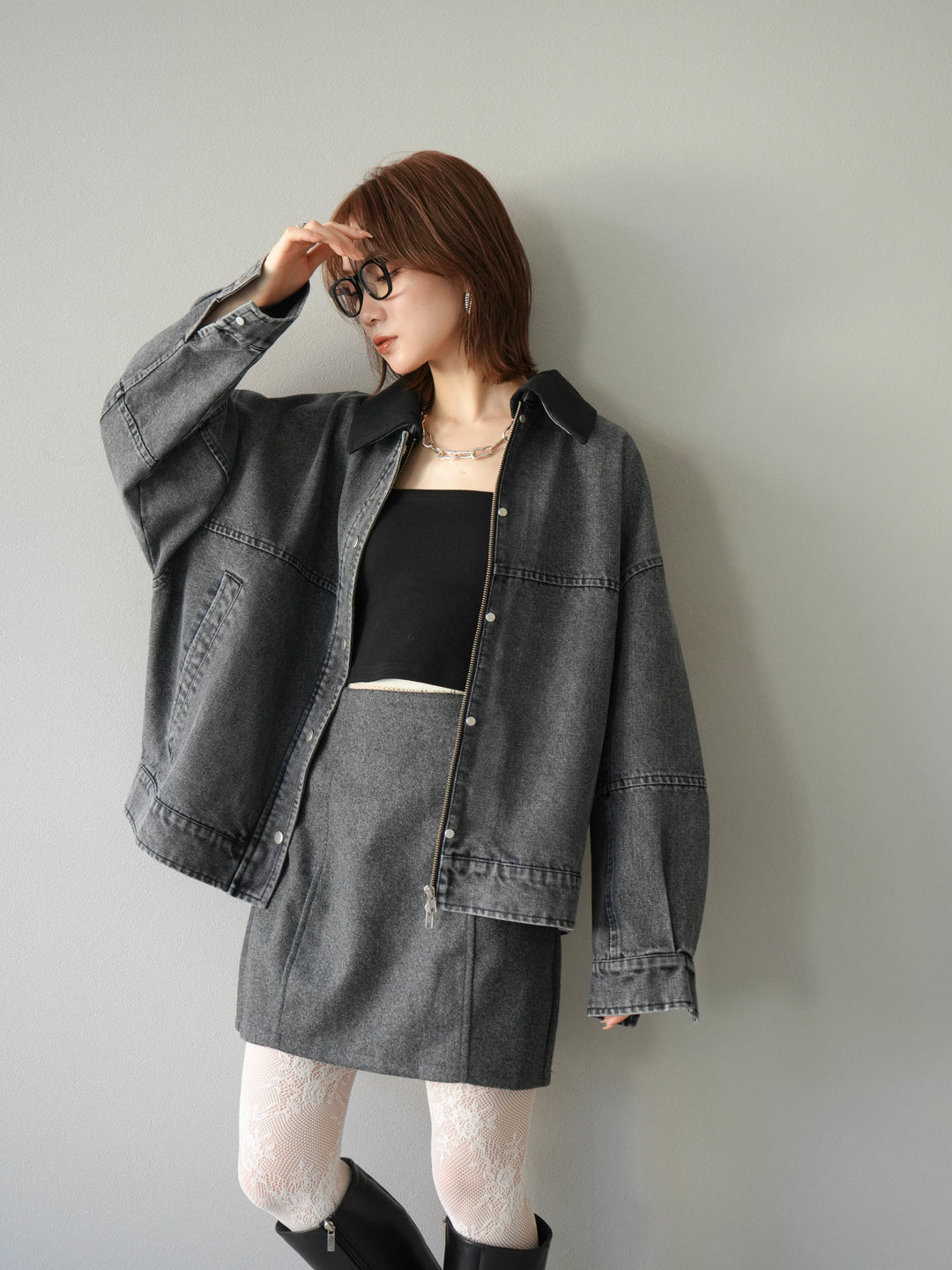 [予約]スウェード襟切替デニムブルゾン/ブラック