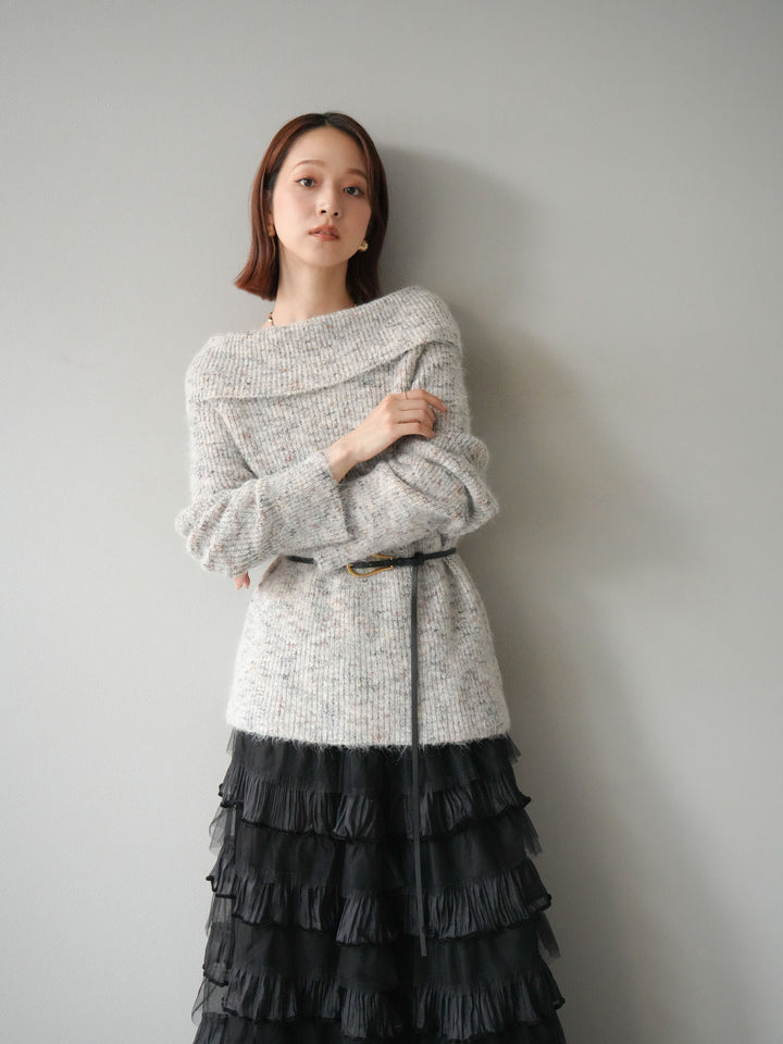 [予約]ミックスヤーンオフショルルーズニットプルオーバー/ベージュ