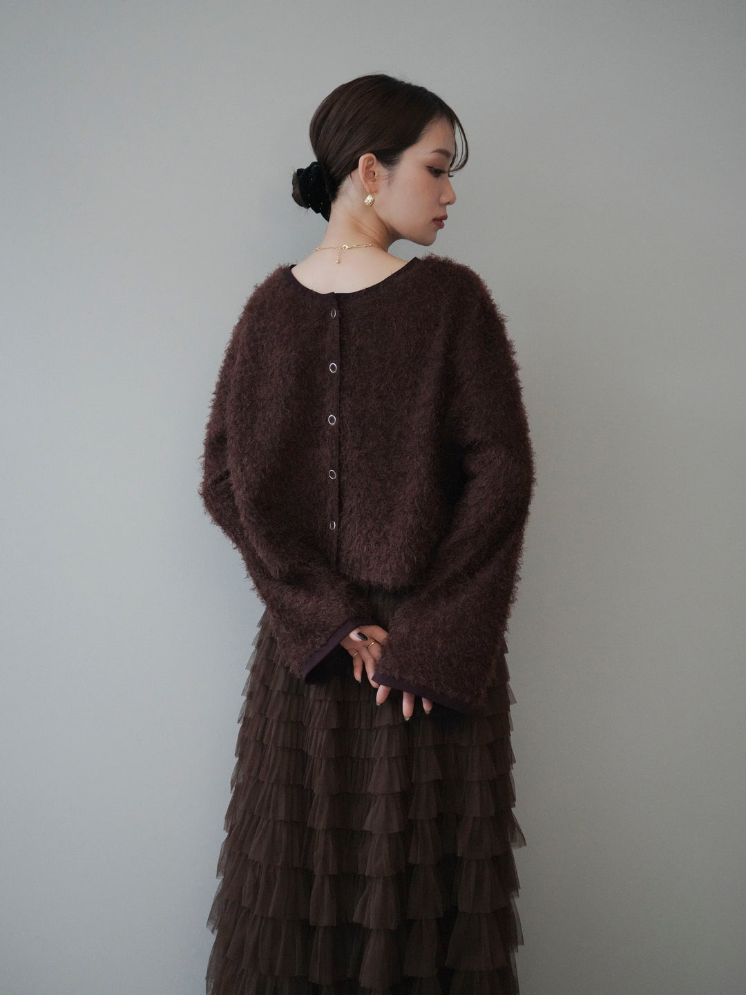 [予約]バイカラー2WAYシャギーニットカーディガン/brown