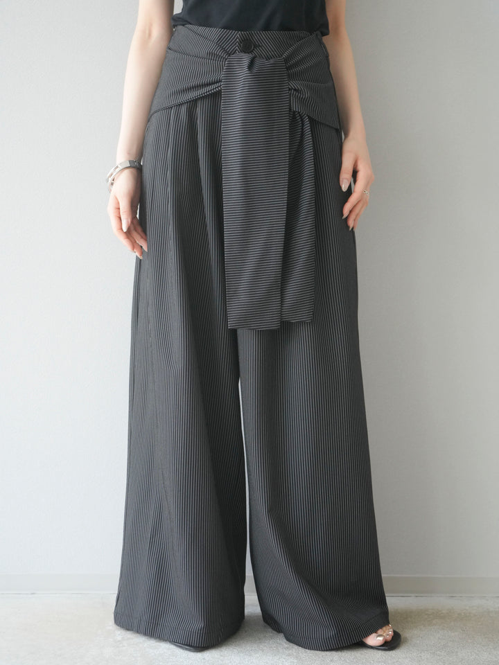 【預購】條紋裹腰闊腿褲/黑色