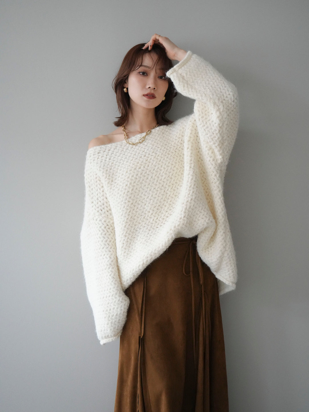 [予約]ワッフル編みオーバーニットプルオーバー/off