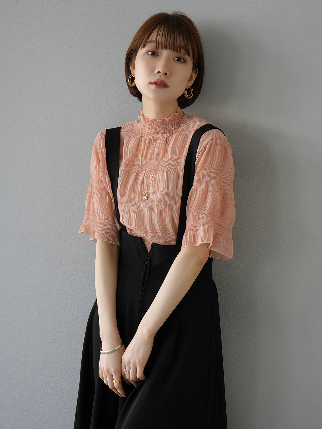 [SET] Shirring chiffon half sleeve blouse + 2WAY flare jumper skirt (2set)