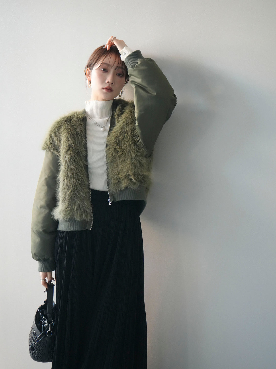 [SET]ファードッキングMA-1+袖ボタンボトルネックリブニットトップス(2set)