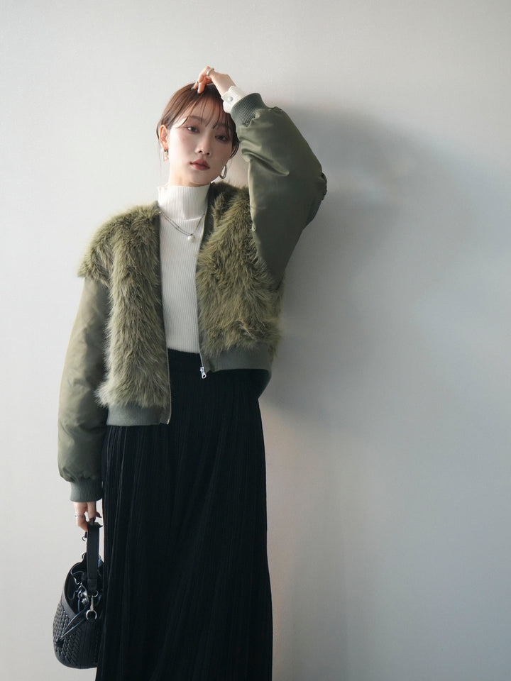 [SET]ファードッキングMA-1+袖ボタンボトルネックリブニットトップス(2set)