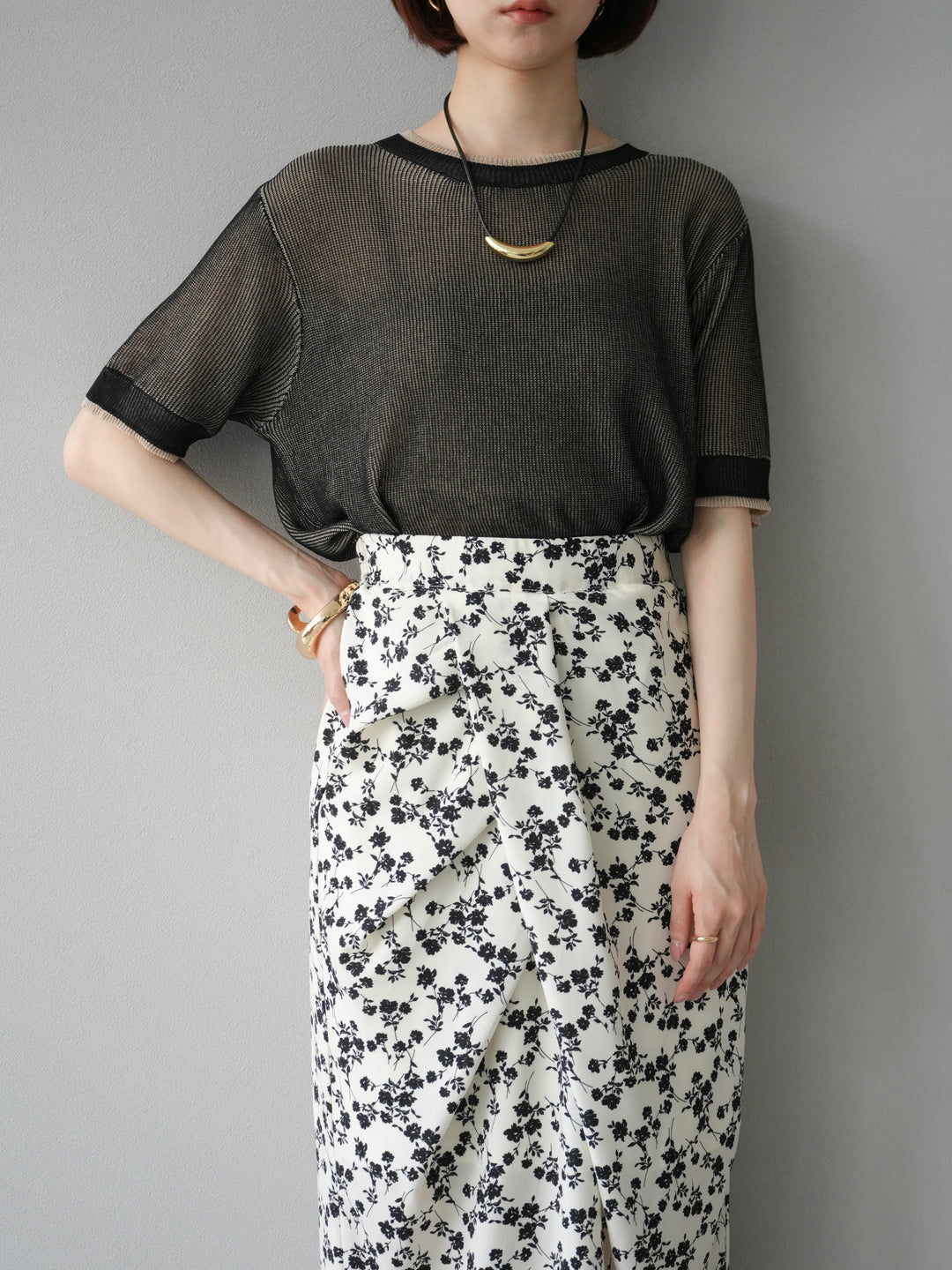 [SET]リネンタッチ配色二重臼ハーフニットトップス+選べるアソート柄スカートセット(2set)