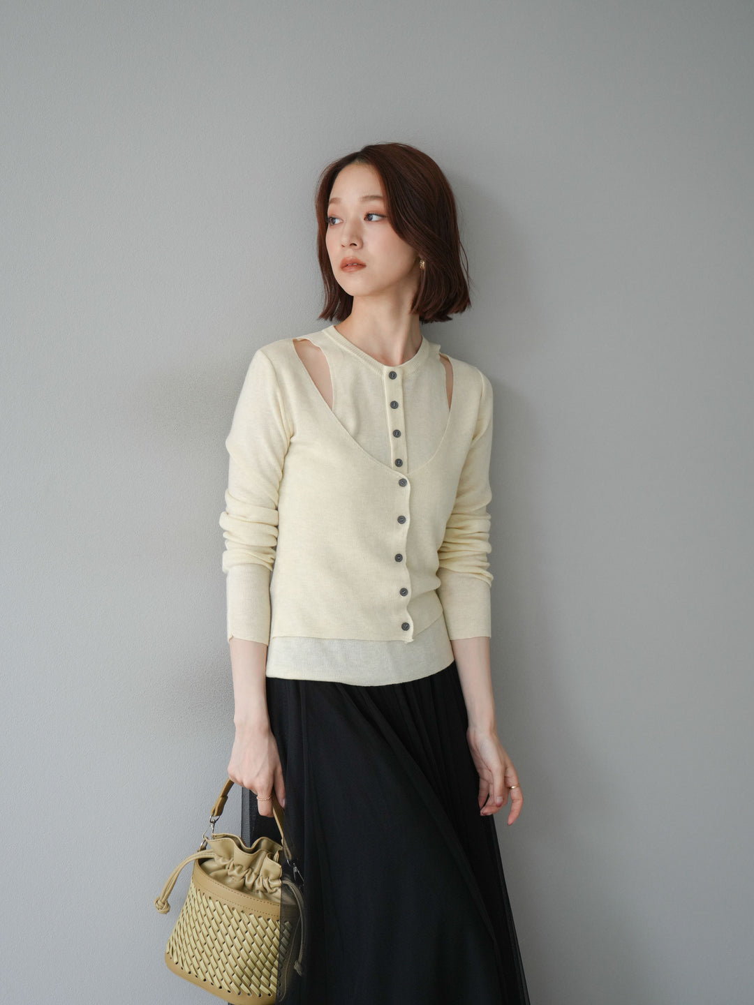 [予約]レイヤードデザインニットカーディガン/アイボリー