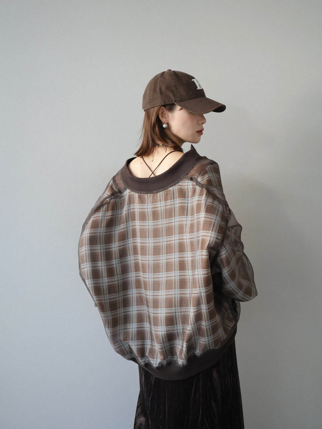 [預購] 格紋薄紗對接外套/棕色