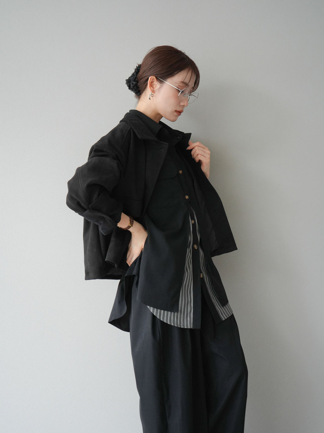 [予約]コーデュロイ切替スウェードショートジャケット/ブラック