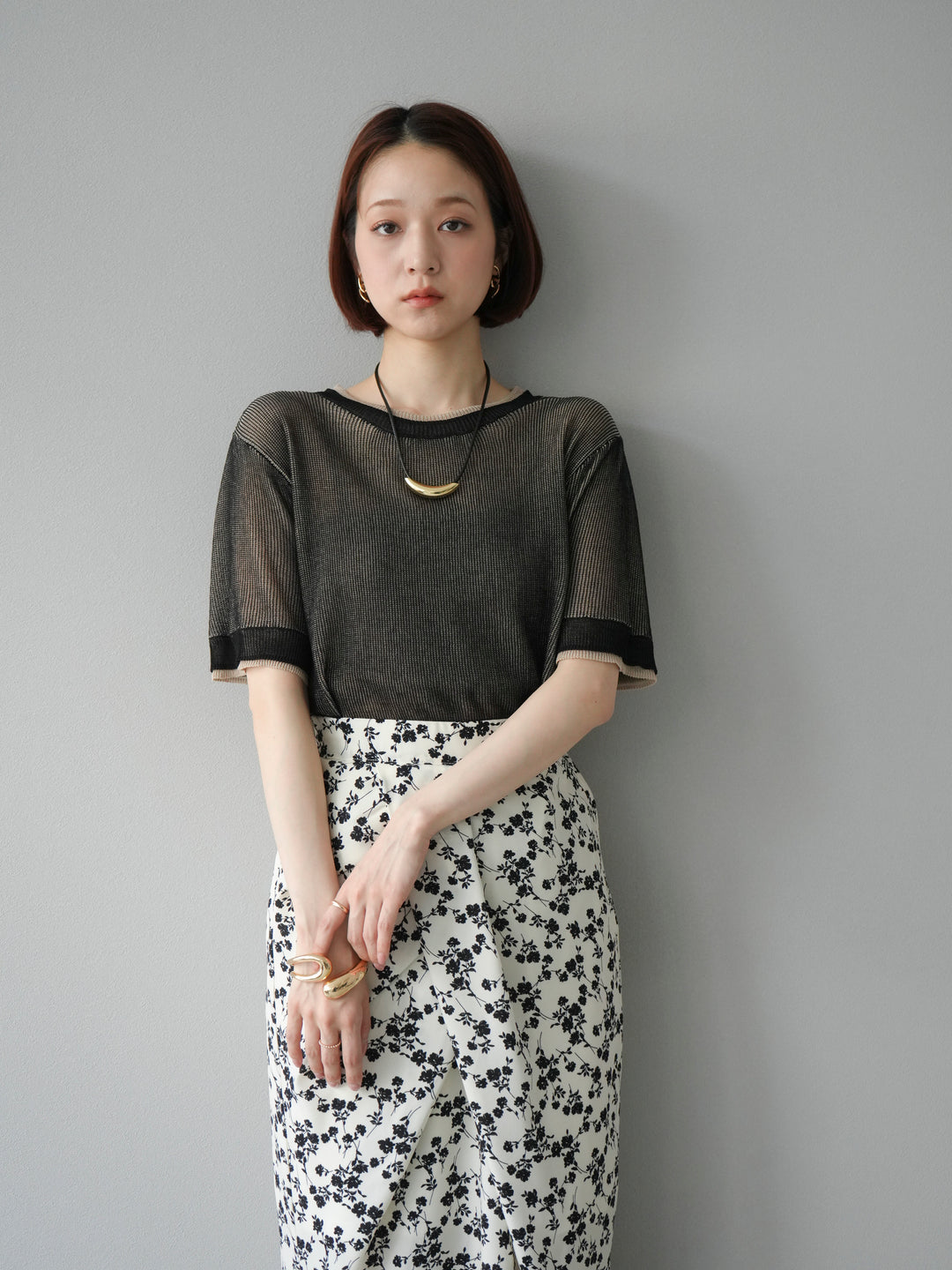 [SET]リネンタッチ配色二重臼ハーフニットトップス+選べるアソート柄スカートセット(2set)