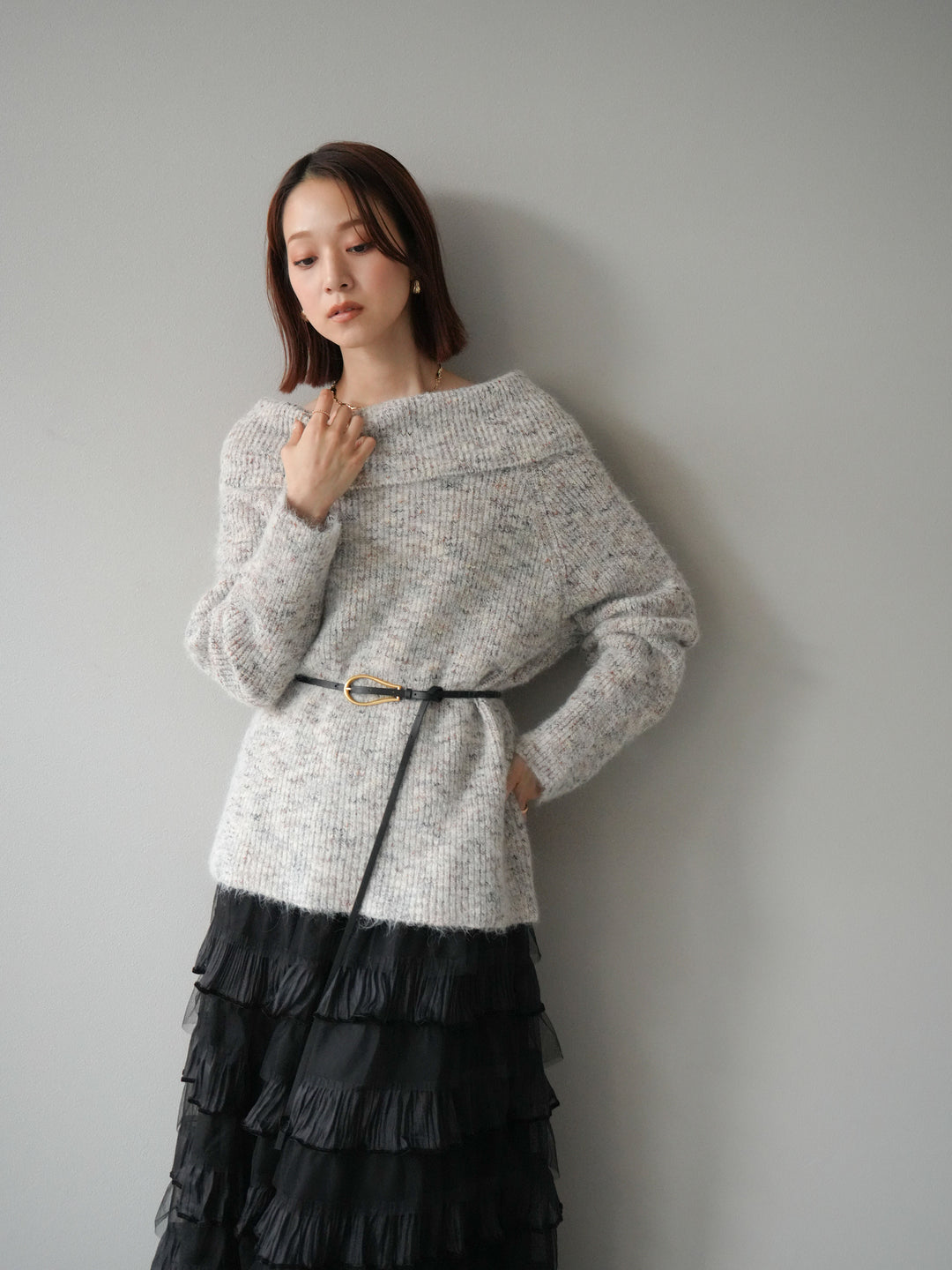 [予約]ミックスヤーンオフショルルーズニットプルオーバー/ベージュ