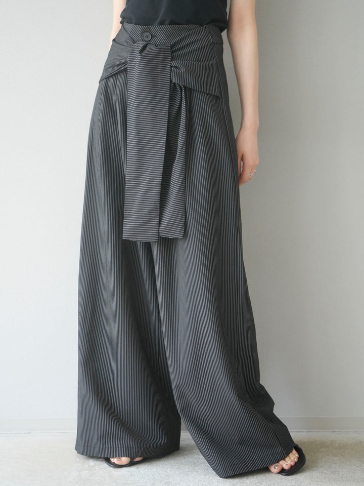 【預購】條紋裹腰闊腿褲/黑色
