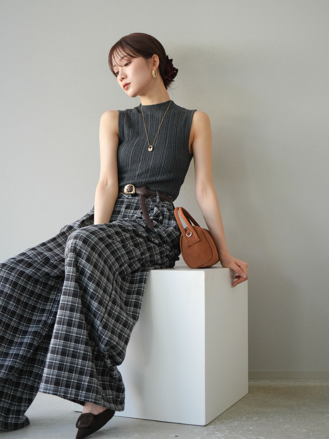 [予約]スリーブレスランダムリブニットトップス/グレー