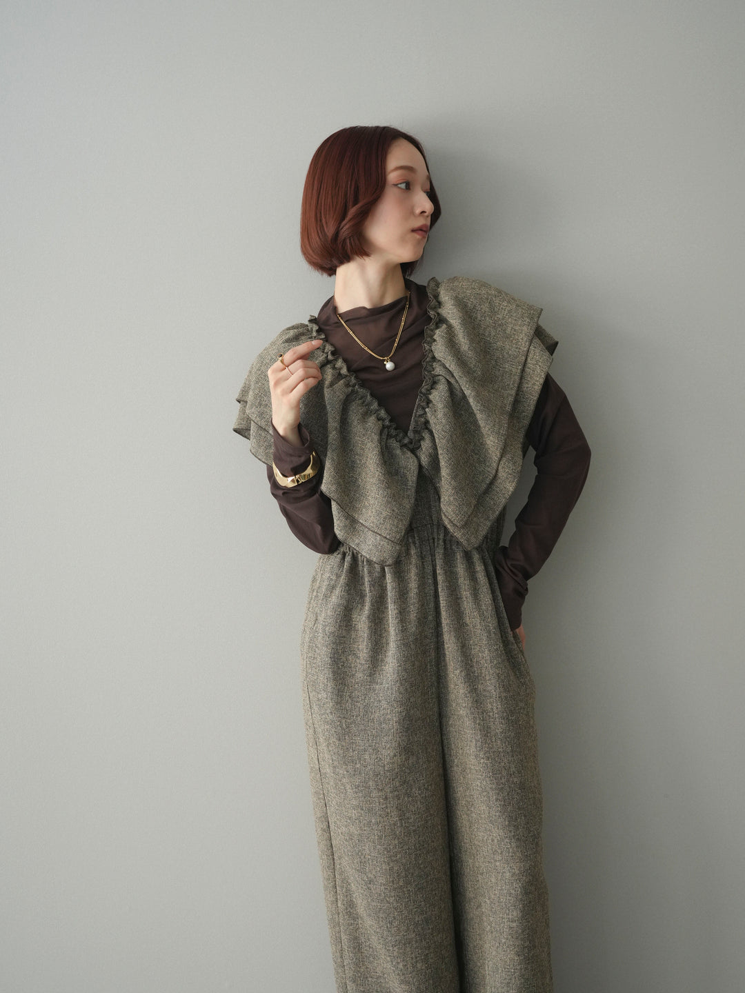 [SET]3WAYミックスツイードギャザーオールインワン+シアープチネックストレッチトップス(2set)